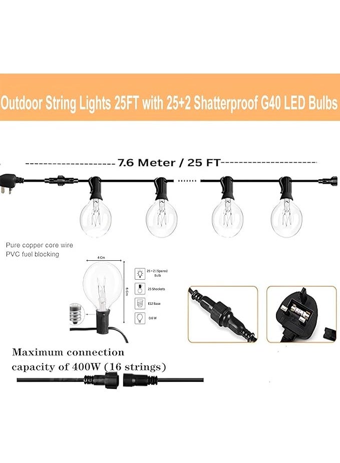 Waterproof Outdoor String Lights 25FT – 25+2 G40 Shatterproof LED Bulbs, Connectable Patio & Party Lighting - Image 2